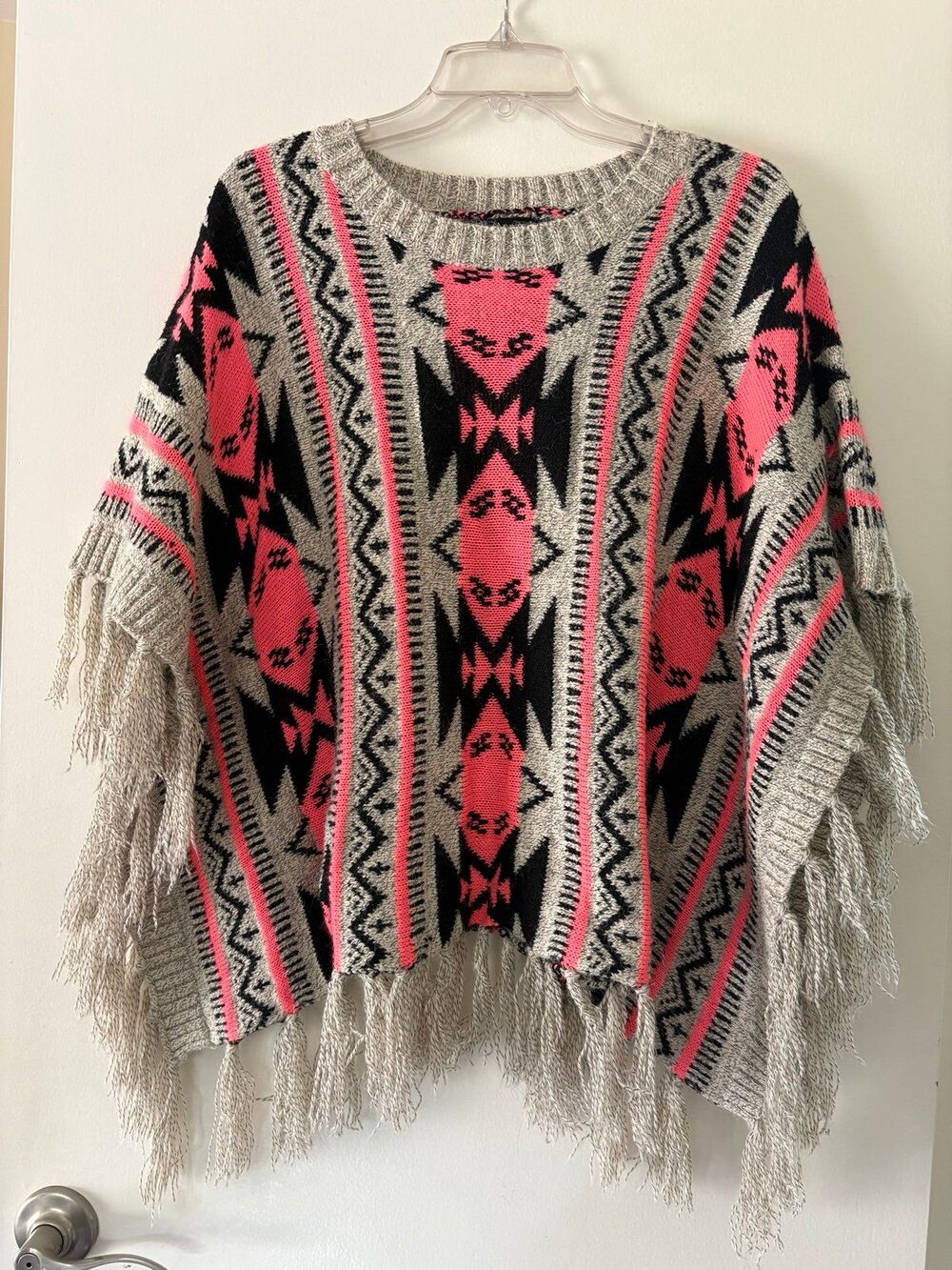 Aztec Fringe Poncho Sweater M Pink Knit Tribal Caftan Cardigan Boho 70s Festival - Picture 2 of 12